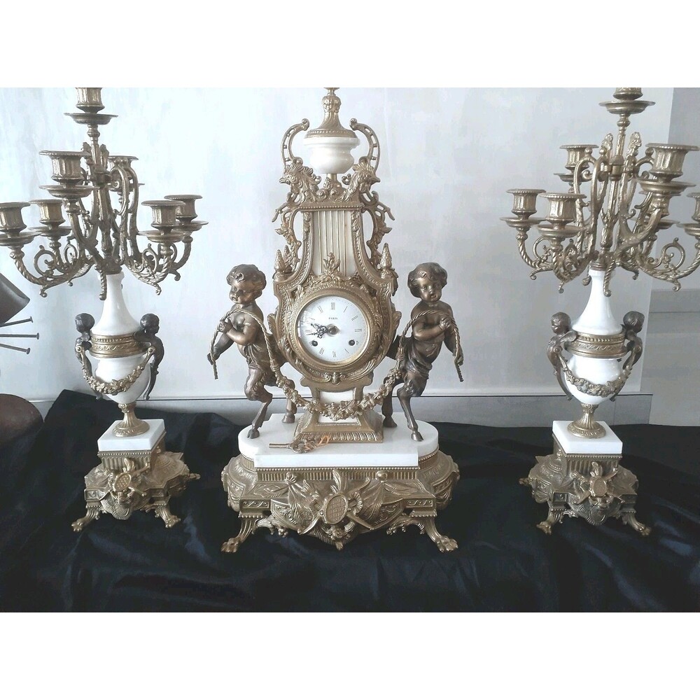 Vintage Brevettato Mantle Clock 2 Candelabras Set Brass White Victorian Classic